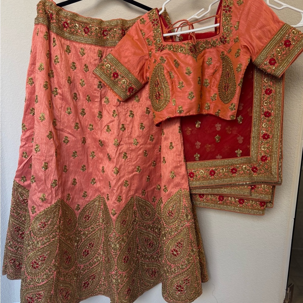Embroidered Peach and Red Lehenga Set